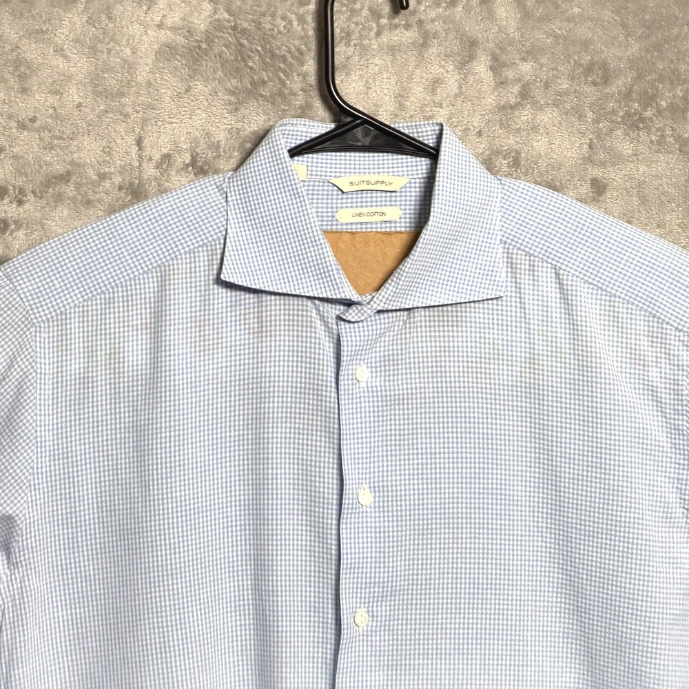 Suitsupply Dress Shirt Mens 17 Blue Gingham Spread Collar Linen Cotton Poland